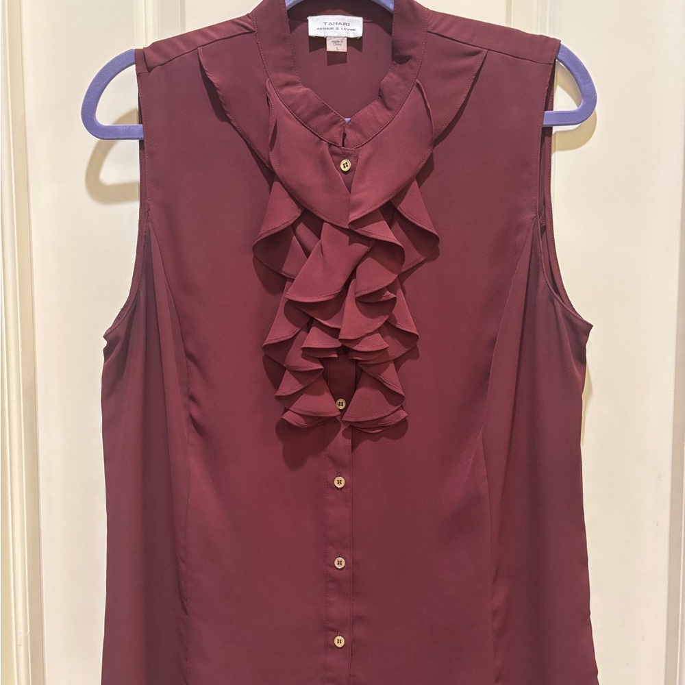 Elegant Sleeveless Ruffle Blouse - Burgundy